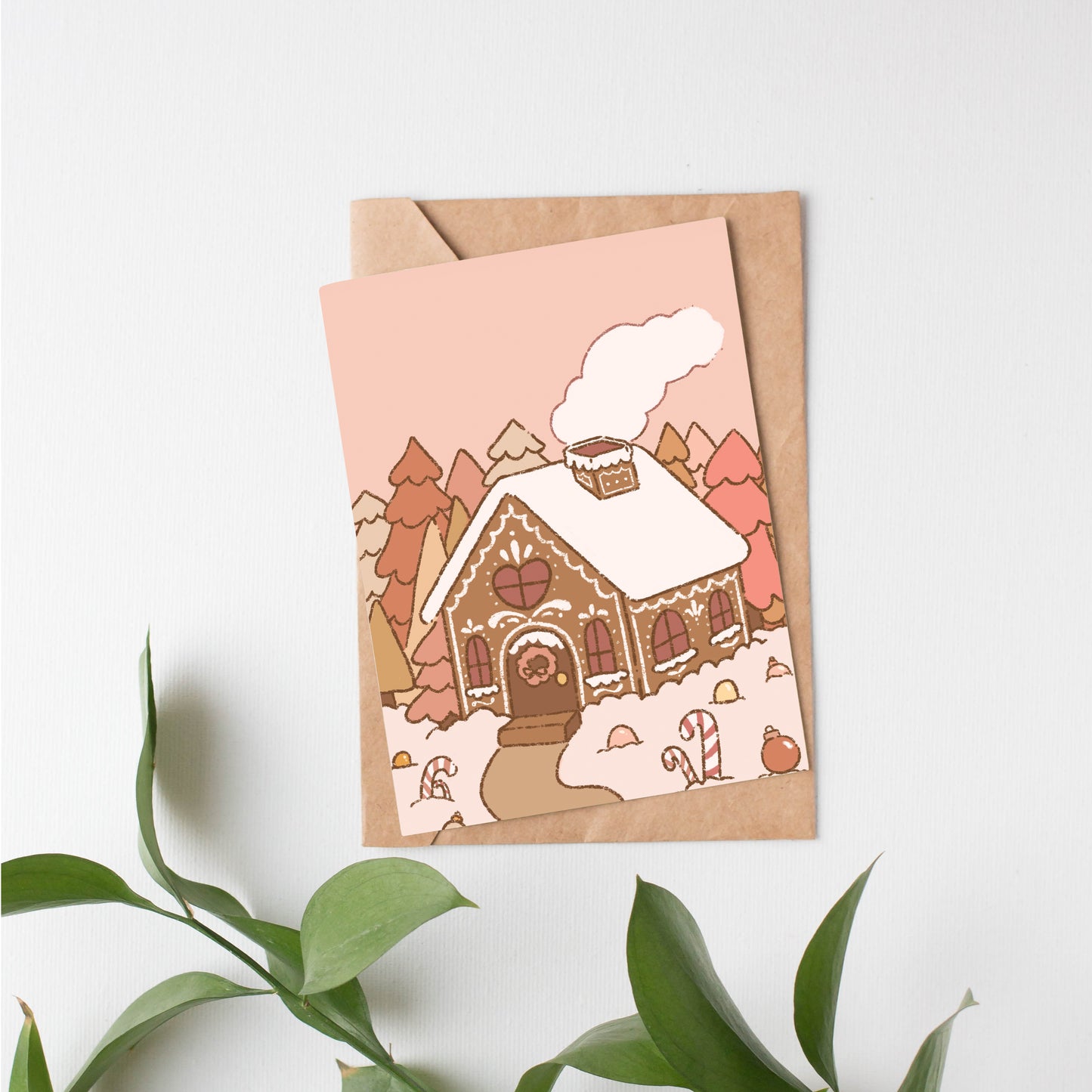 Pink gingerbread house greeting card